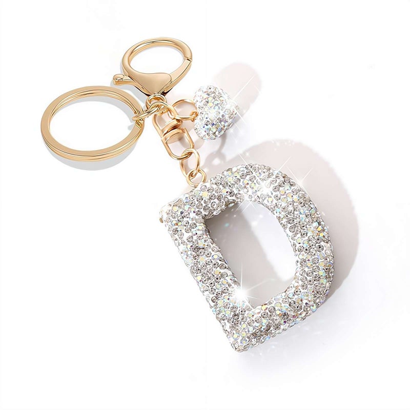 Cute Bling Initial Letter Keychain - Cute Resin Pendant with Heart Design, Personalized Alloy Key Ring Gift for Car (D) - Image 1